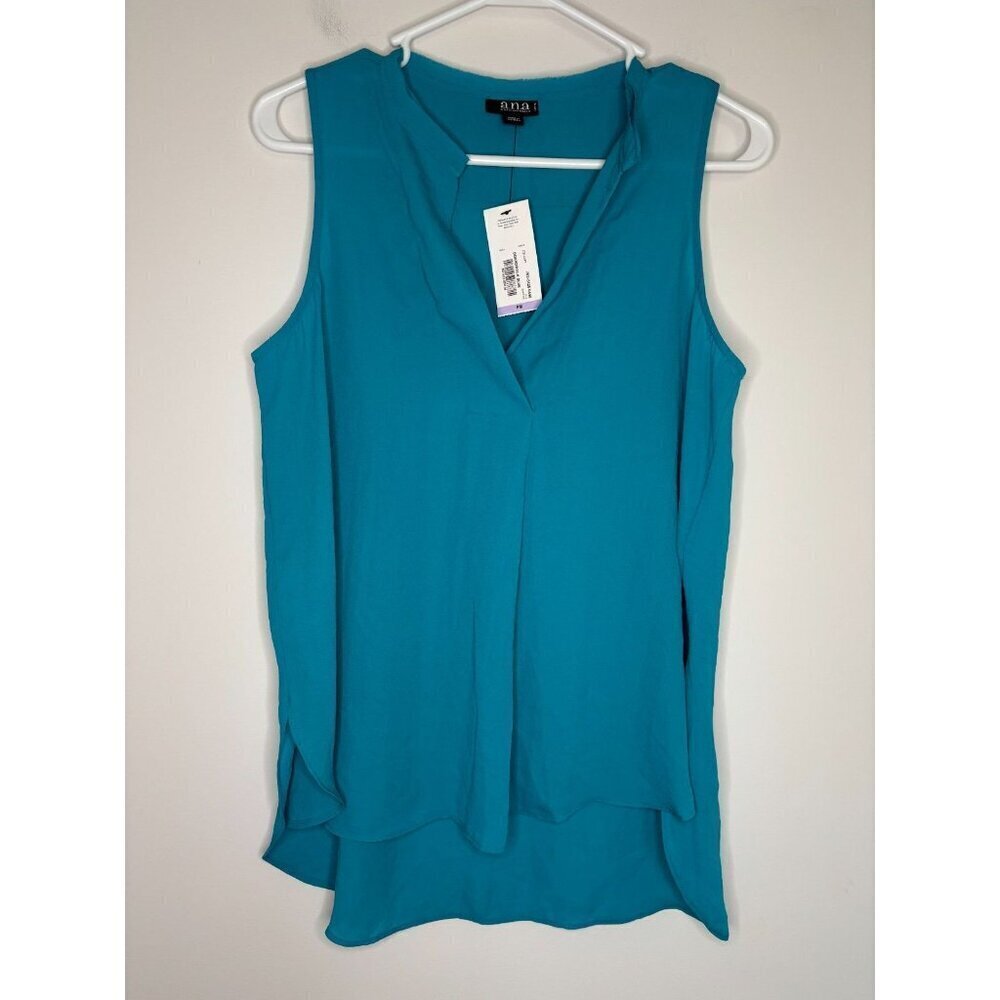 ANA NEW JC Penney V-Neck Top Women M Petite Boardwalk Blue Hi Low Raw Edge Flowy
